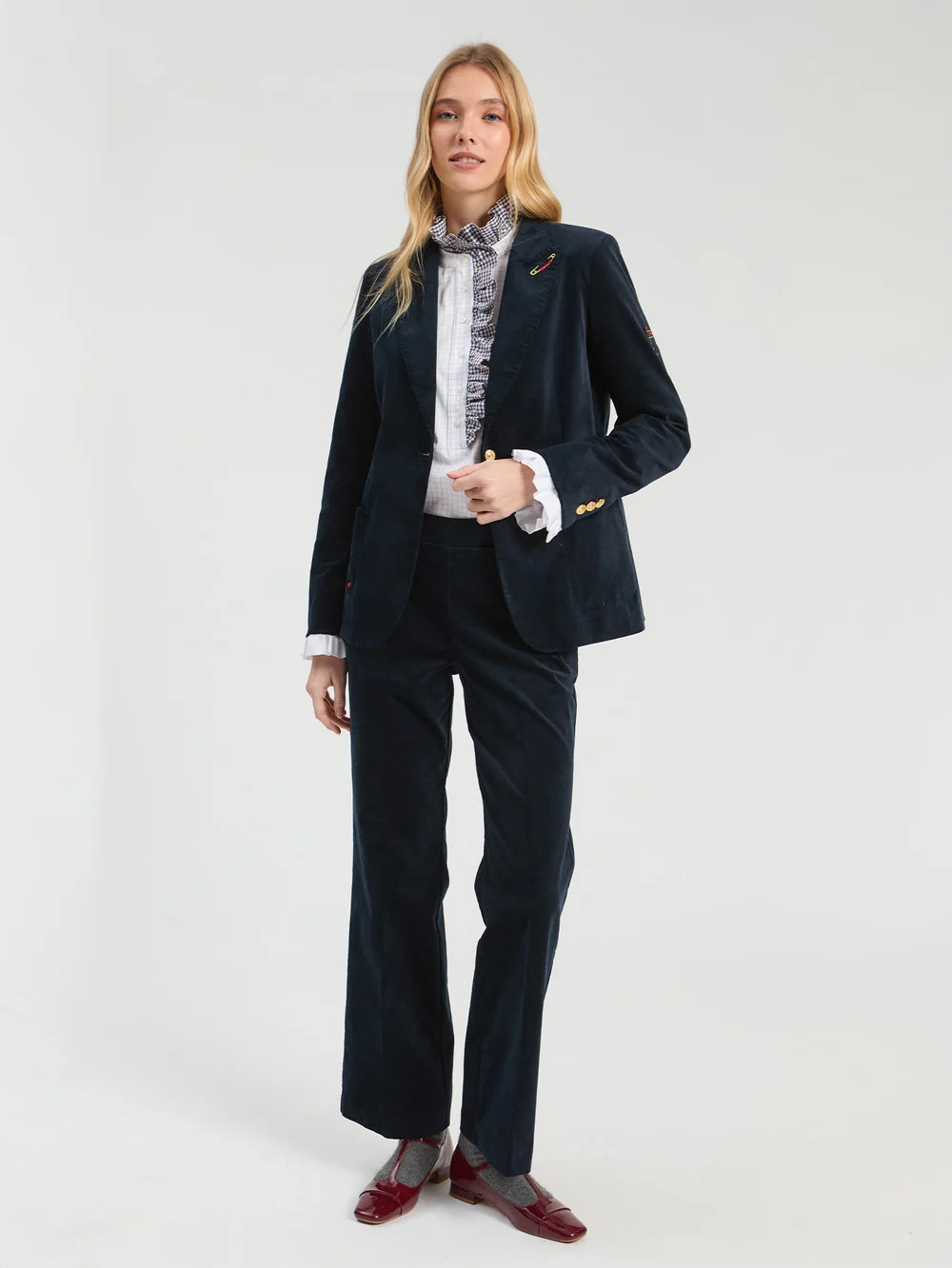 Vilagallo navy embroidered velvet blazer styled with matching trousers