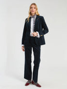 Vilagallo navy embroidered velvet blazer styled with matching trousers