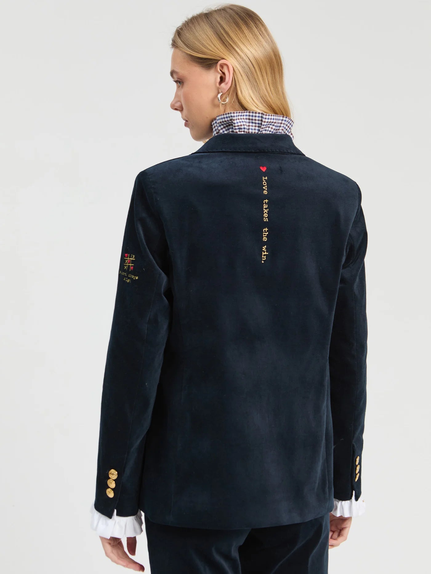 Vilagallo navy velvet tailored blazer back view with decorative embroidery