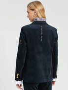 Vilagallo navy velvet tailored blazer back view with decorative embroidery