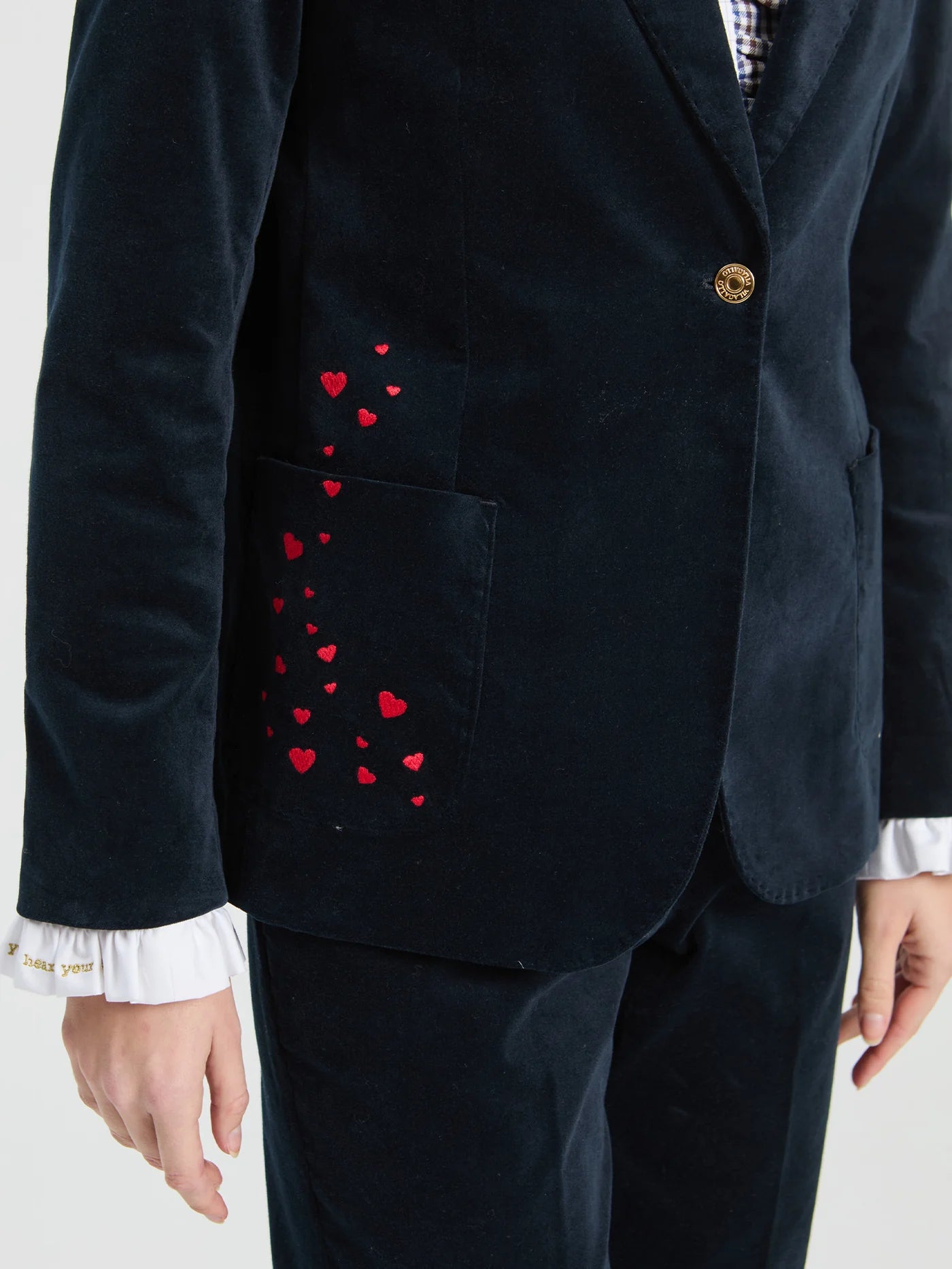 Vilagallo navy velvet blazer close-up showing red heart embroidery