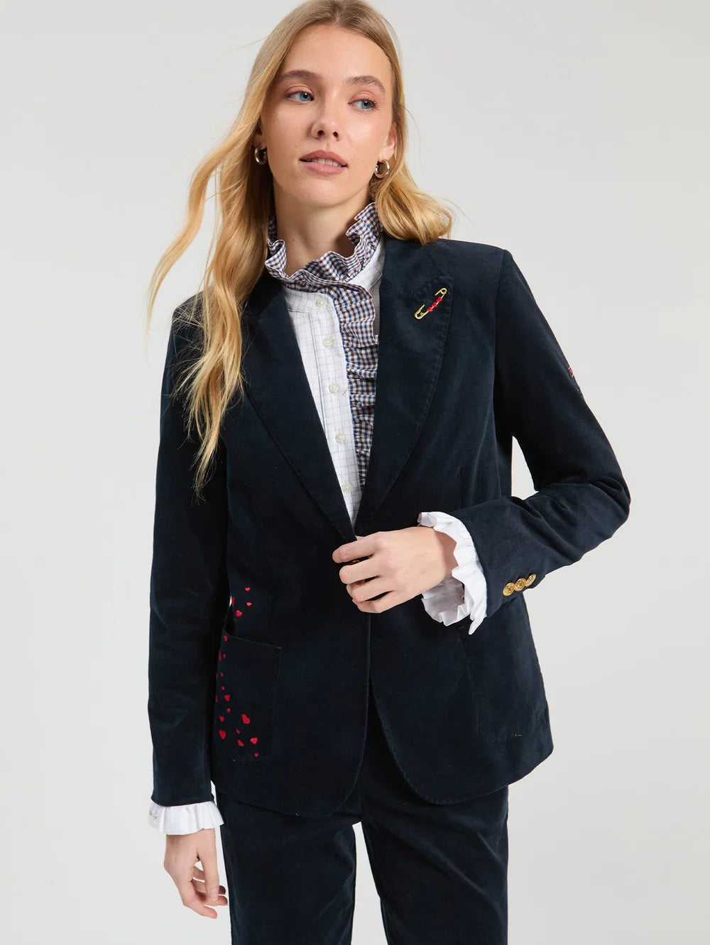 Vilagallo navy velvet heart embroidered tailored blazer front view