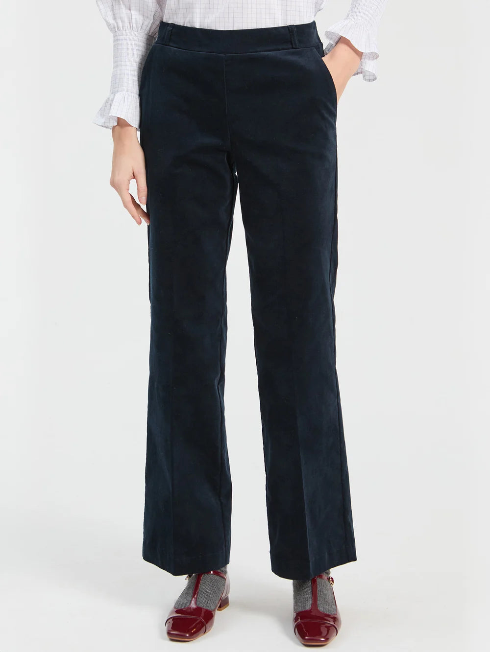 Vilagallo navy straight leg velvet trousers front view