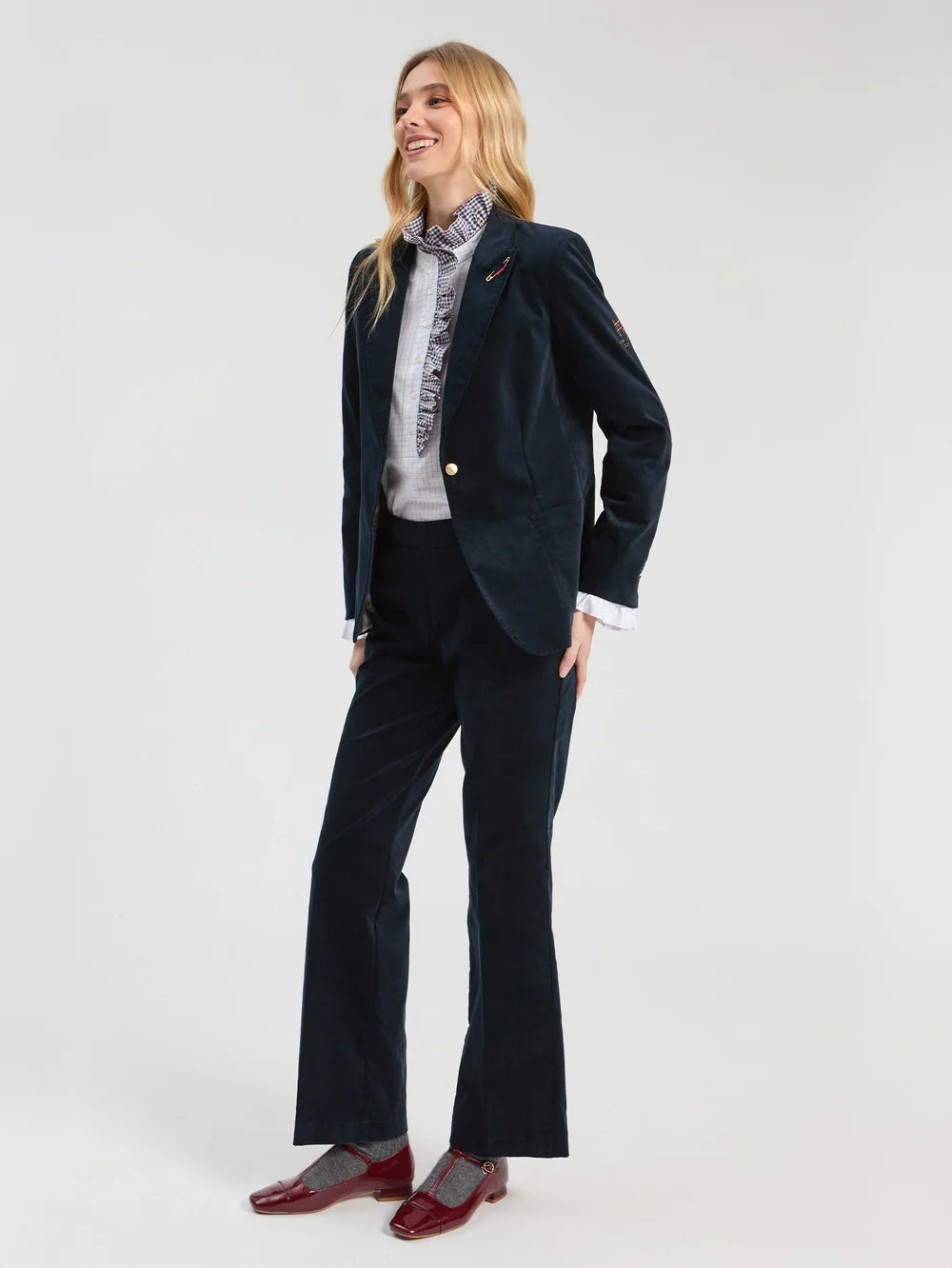 Vilagallo navy velvet straight leg trousers styled with matching blazer