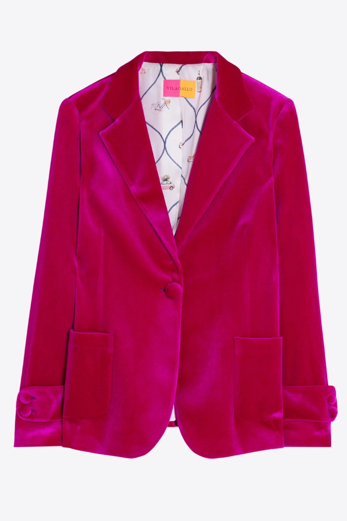 Vilagallo fuchsia pink velvet tailored blazer front view