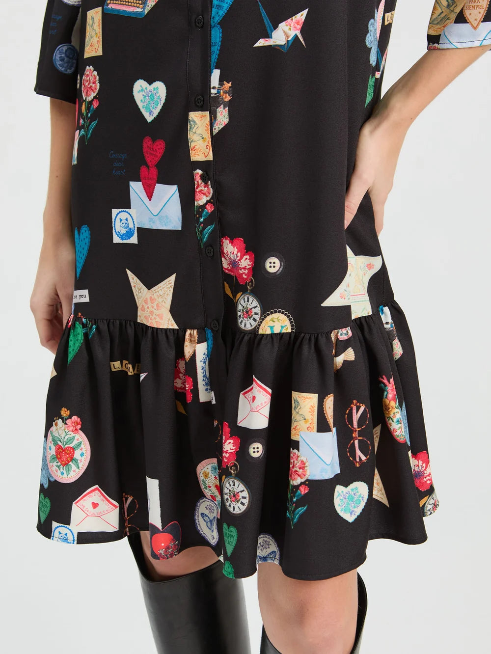 Vilagallo Veada black Love print mini shirt dress front view