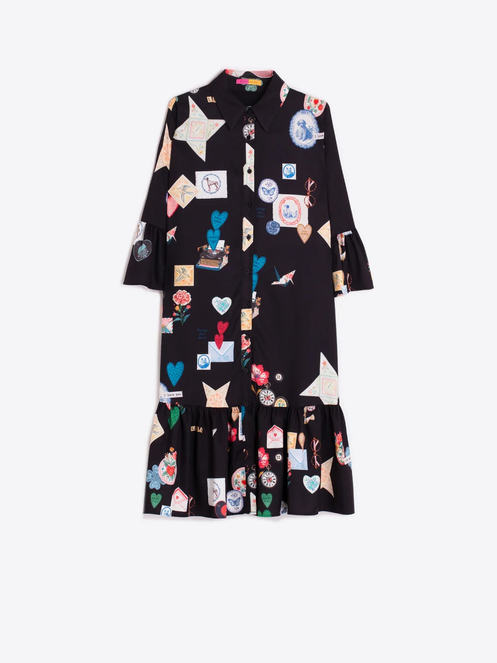 Vilagallo black Love print ruffle hem shirt dress product view