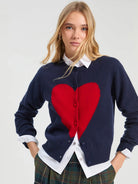 Vilagallo navy heart intarsia cardigan with red heart – front model view