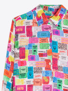 Vilagallo multicolour ticket print shirt close-up showing colourful graphic design
