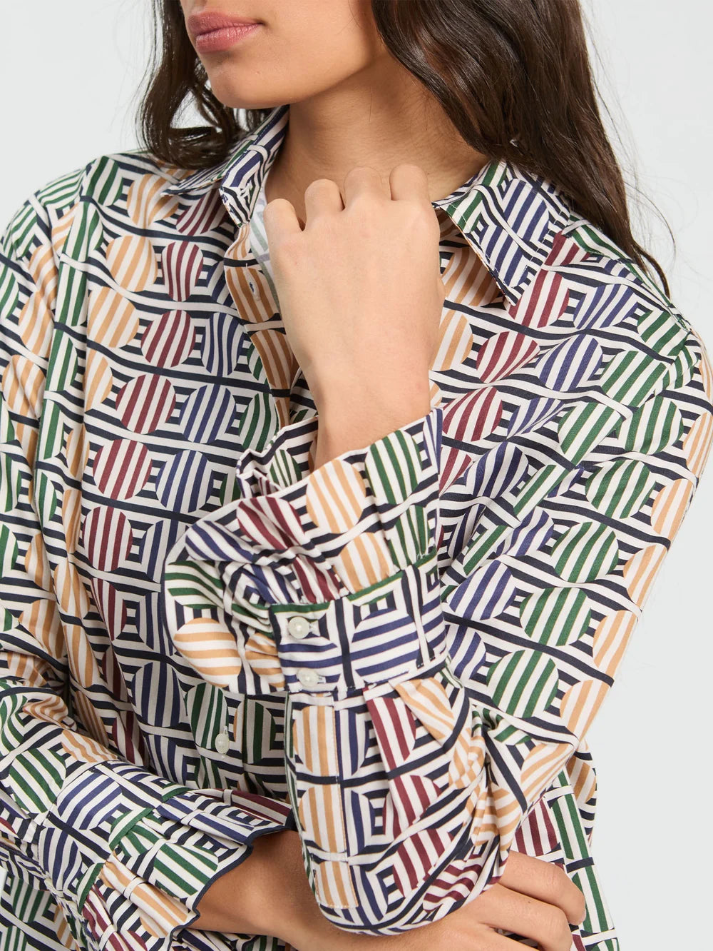 Vilagallo geometric print shirt close-up showing peach green and navy pattern