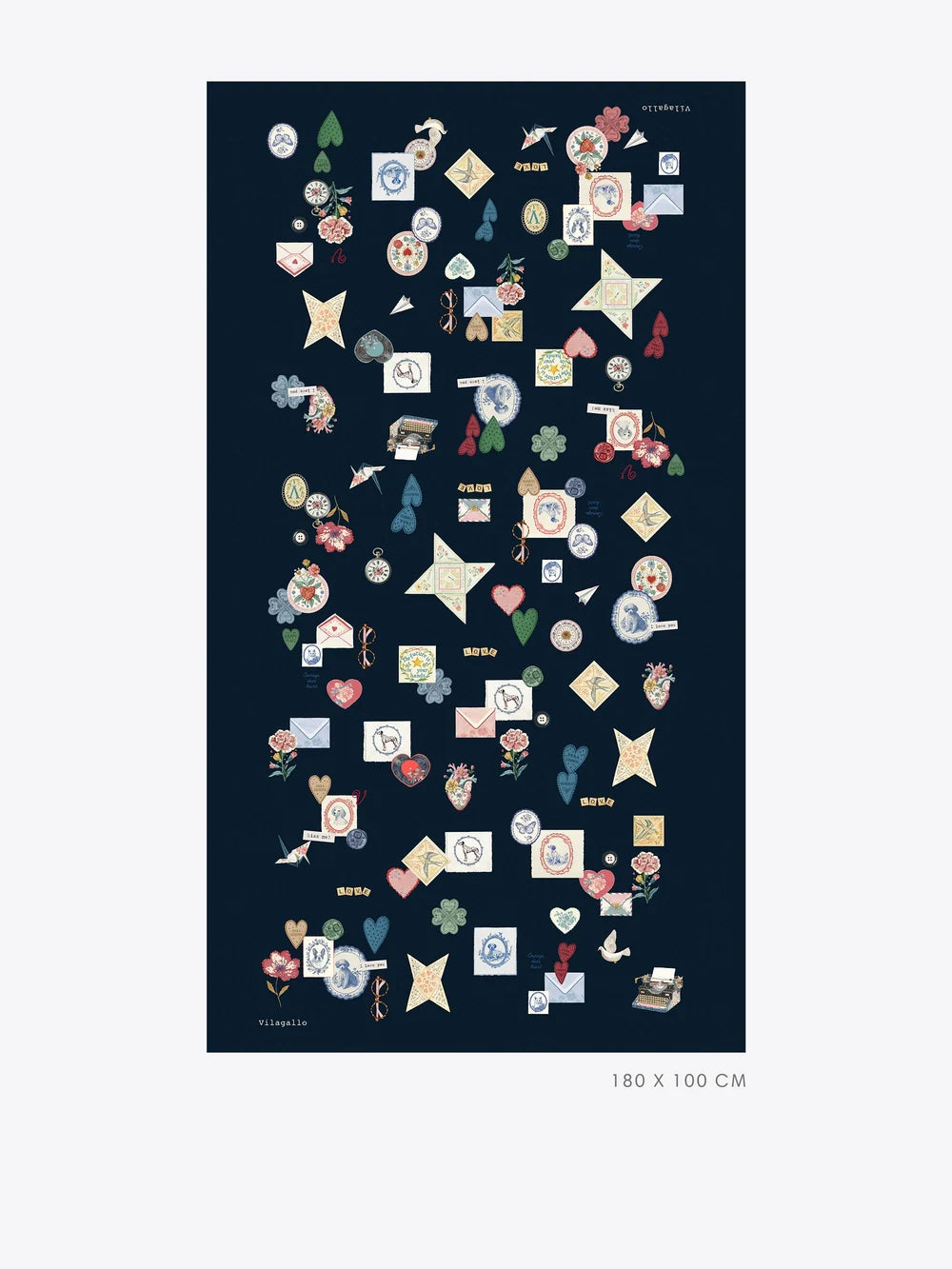 Vilagallo Nautical Love navy wool scarf with colourful illustrated heart, flower and envelope print