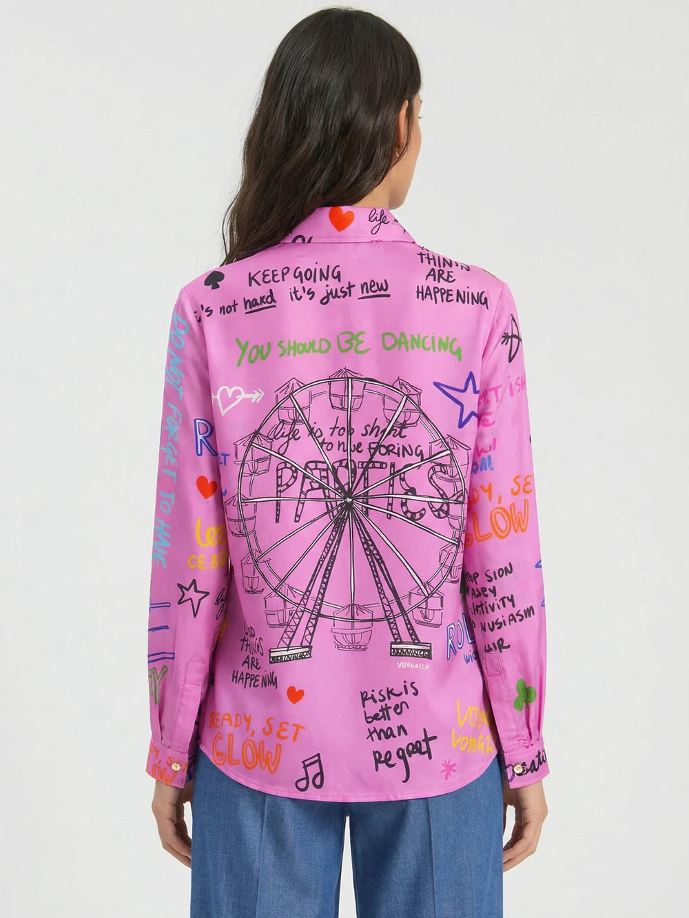 Vilagallo Ferris Wheel pink silk shirt back view with large Ferris wheel motif