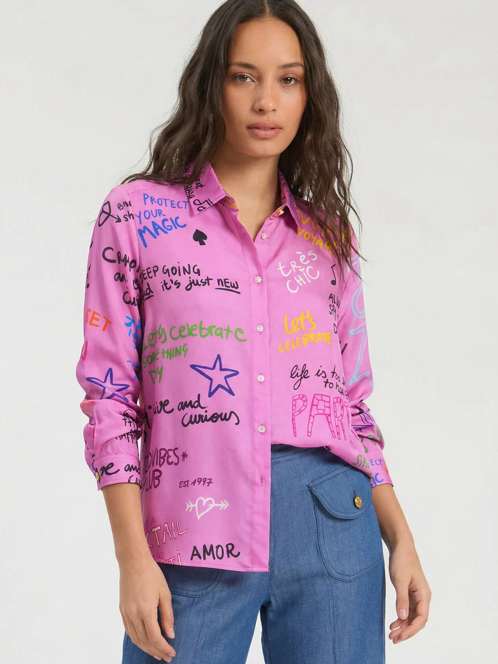Vilagallo Ferris Wheel pink printed silk shirt front view with multicolour graphics