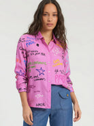 Vilagallo Ferris Wheel pink printed silk shirt front view with multicolour graphics