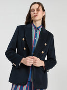 Vilagallo navy double-breasted blazer with gold buttons front view
