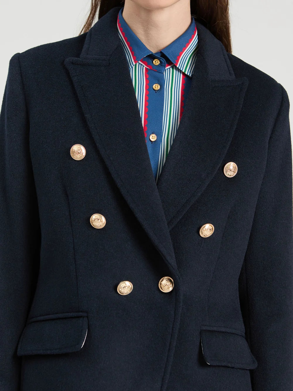 Vilagallo navy gold button blazer close-up showing double-breasted front