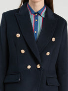 Vilagallo navy gold button blazer close-up showing double-breasted front