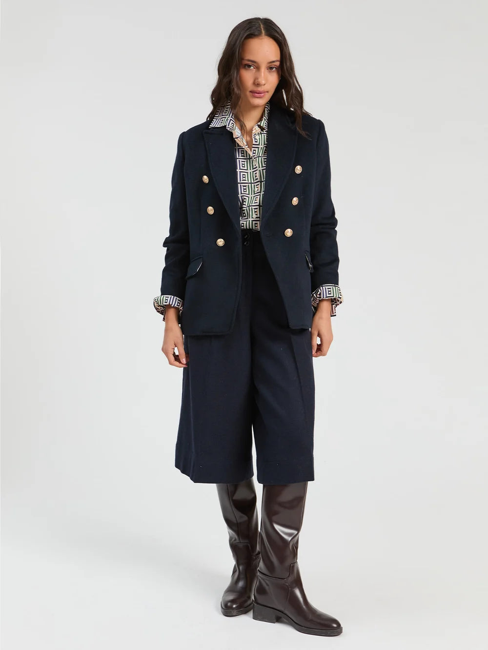Vilagallo navy double-breasted blazer styled with printed blouse and shorts
