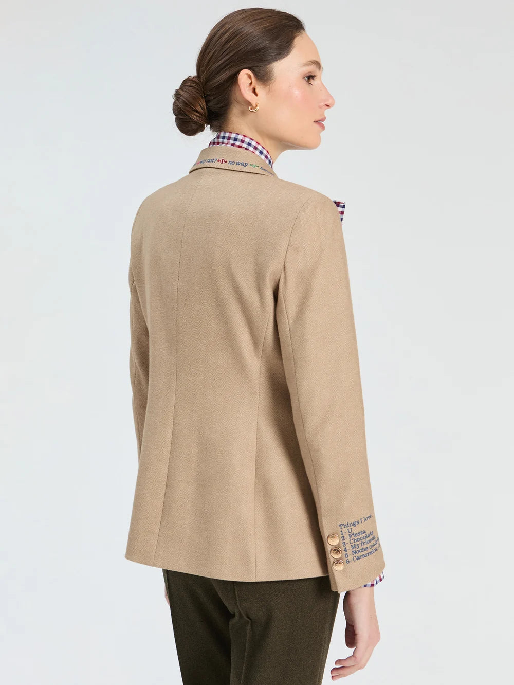 Vilagallo beige tailored blazer back view with herringbone texture