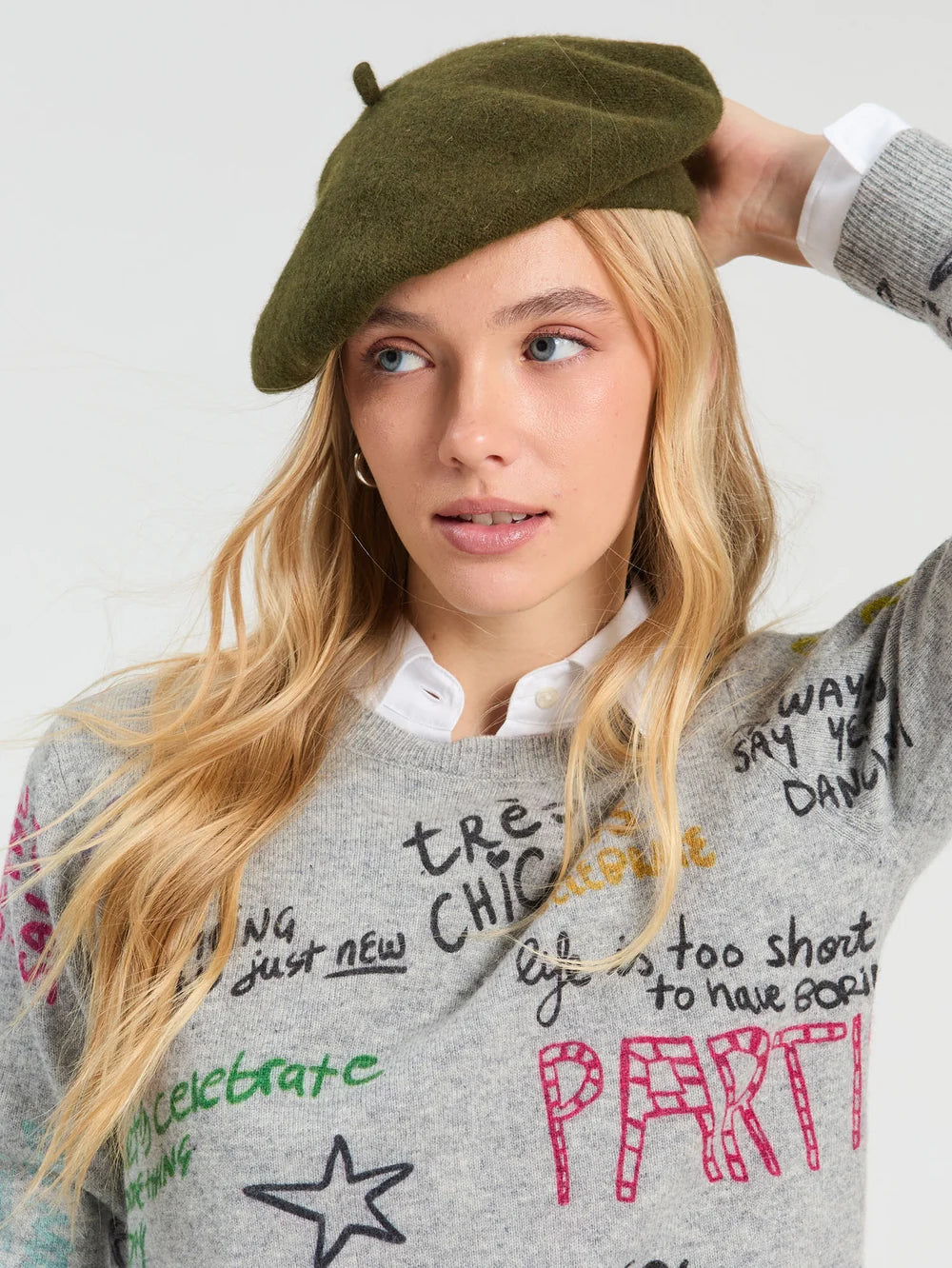 Vilagallo grey graphic knit jumper close-up showing multicolour lettering
