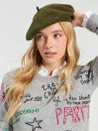 Vilagallo grey graphic knit jumper close-up showing multicolour lettering