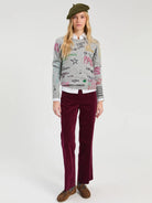 Vilagallo grey graphic jumper styled with burgundy trousers