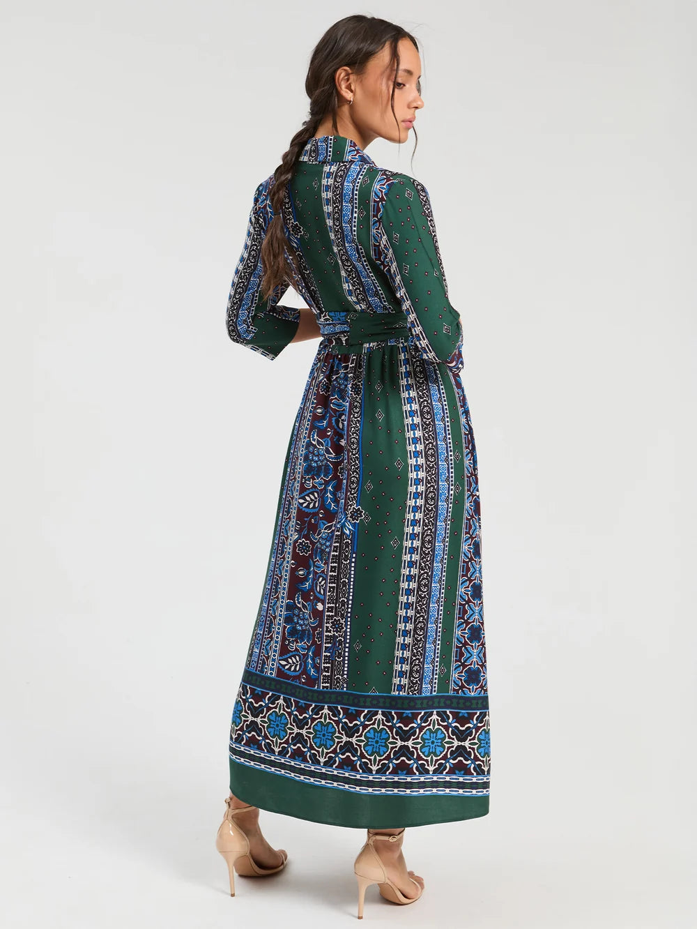 Vilagallo patchwork print belted midi shirt dress product view