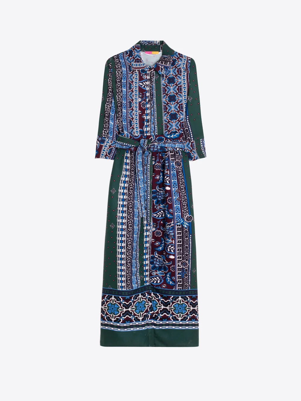 Vilagallo blue green burgundy print midi shirt dress front view
