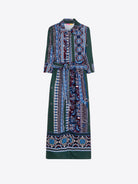 Vilagallo blue green burgundy print midi shirt dress front view