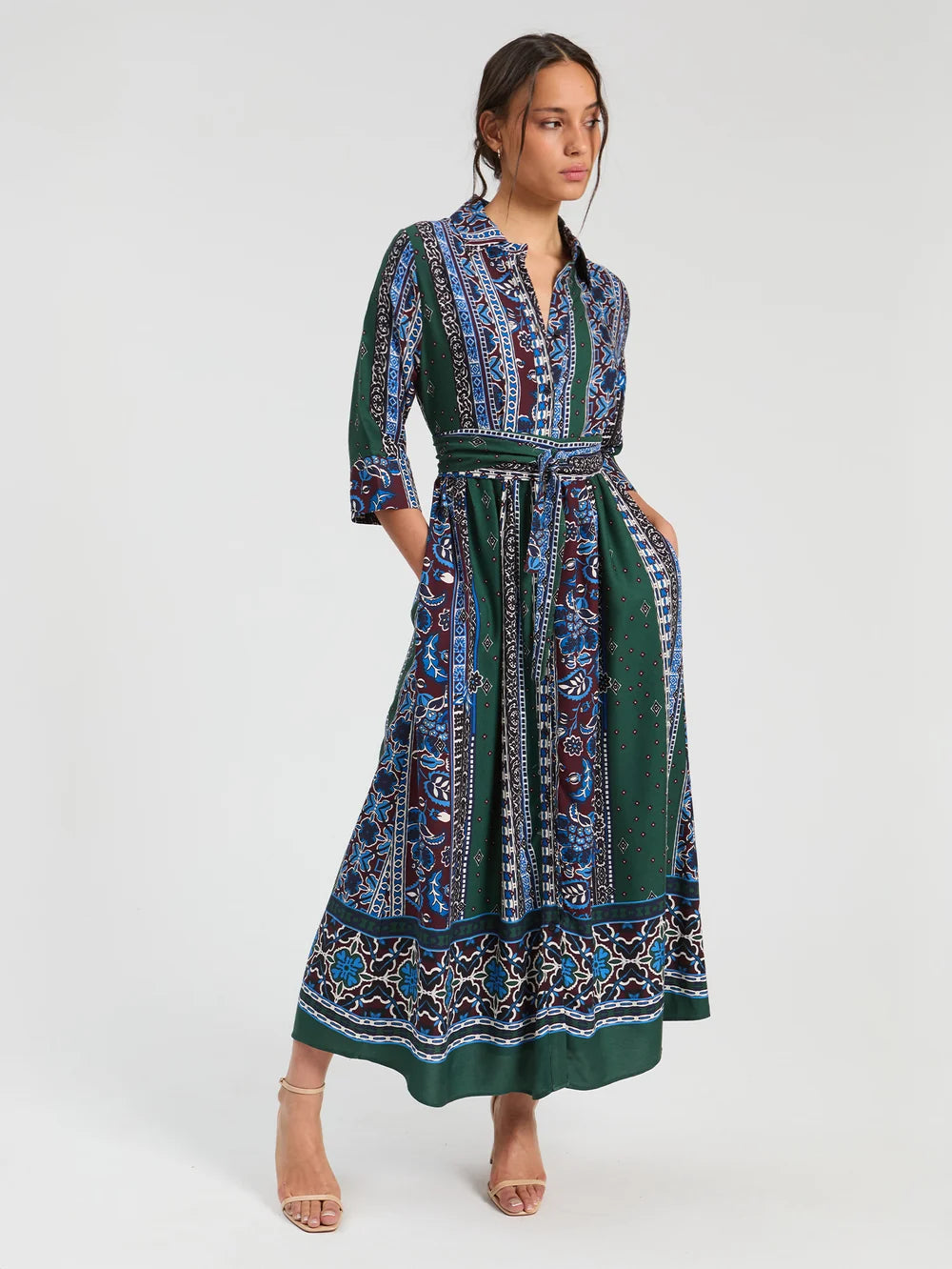 Vilagallo blue green patchwork print belted midi shirt dress waist detail