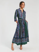 Vilagallo blue green patchwork print belted midi shirt dress waist detail
