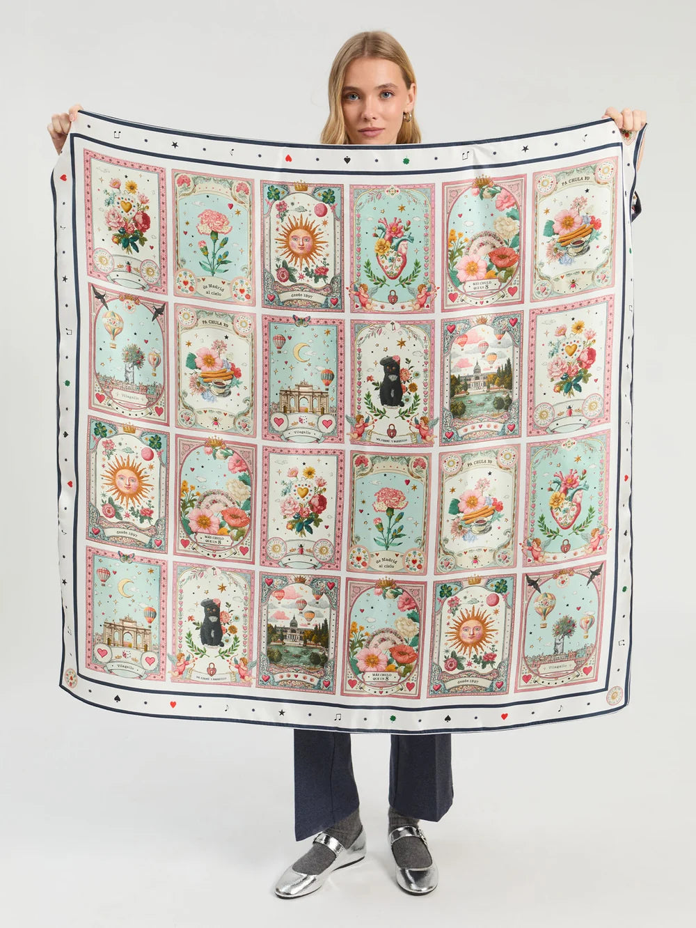 Vilagallo Madrid multicolour silk scarf showing decorative card artwork