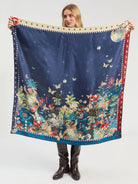 Vilagallo Botanic Moon square silk scarf showing colourful botanical border