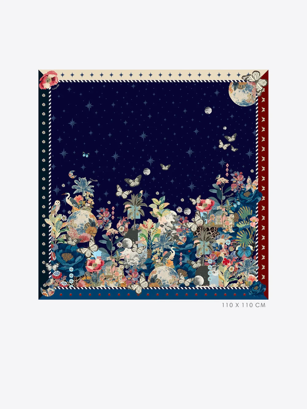 Vilagallo Botanic Moon navy botanical print silk scarf full view