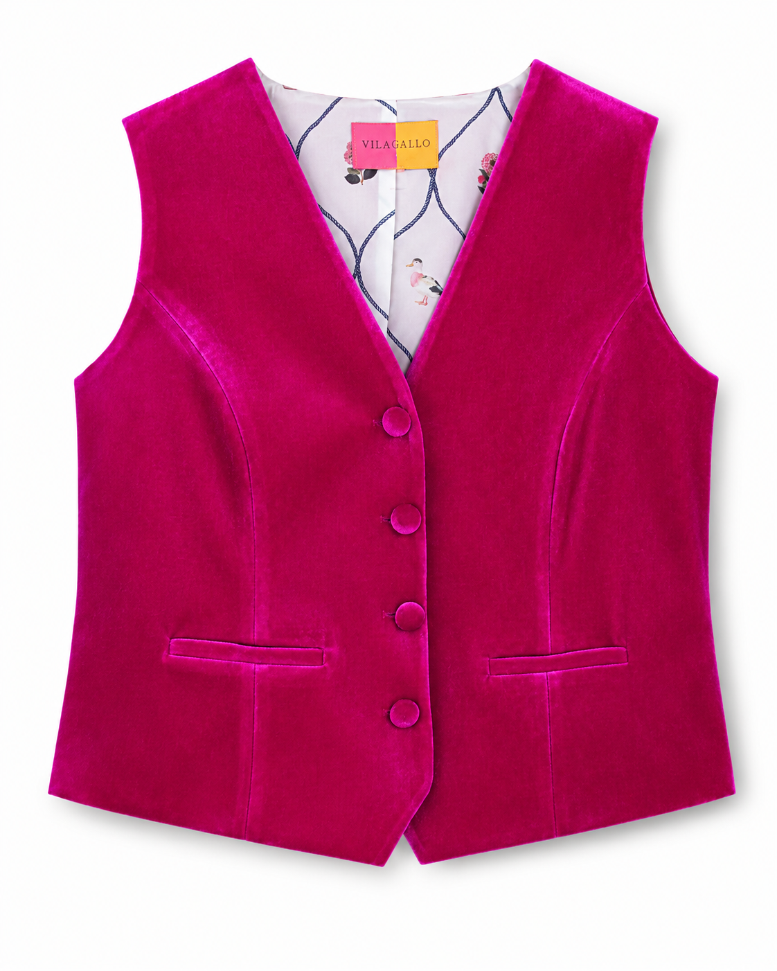 Vilagallo fuchsia pink velvet tailored waistcoat with covered buttons and printed lining