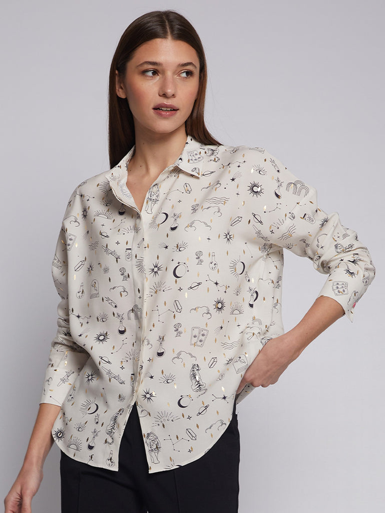 Vilagallo Telma Gold Foiled Galaxy Print Shirt