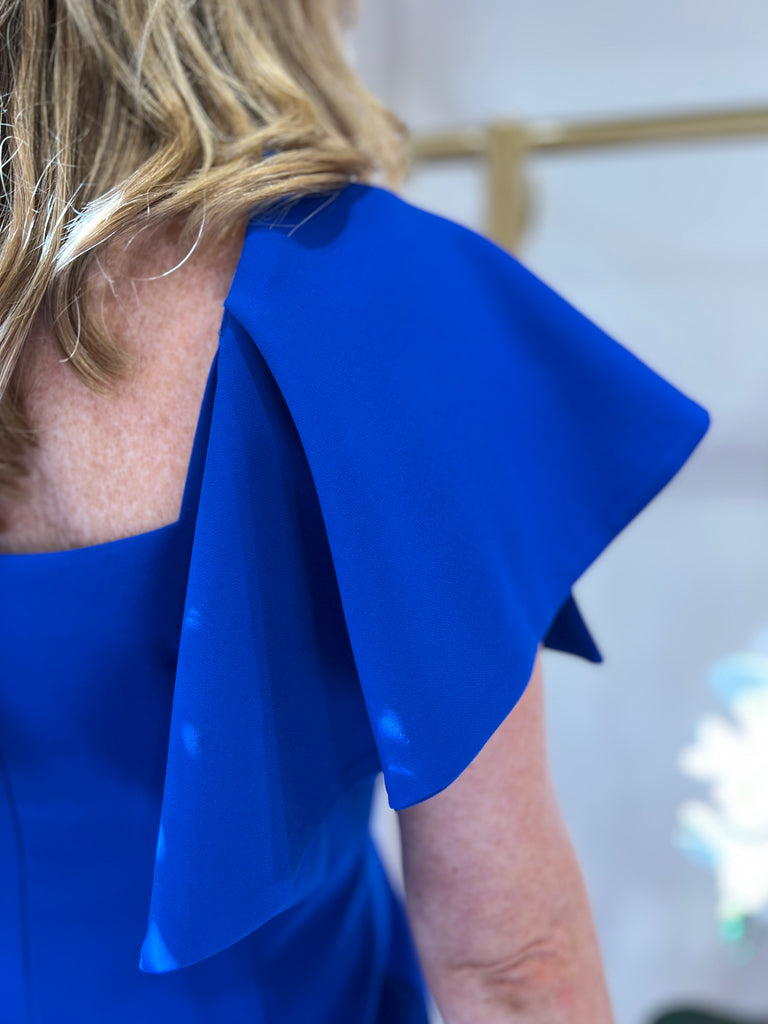 Carla Ruiz Pencil Dress With Short Cape Sleeve Blue