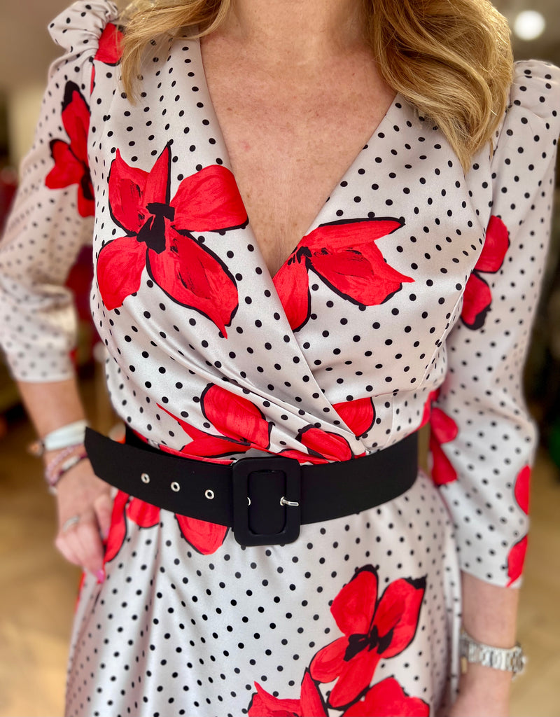 Carla Ruiz Floral Dot Print Occasion Dress With Belted Waist