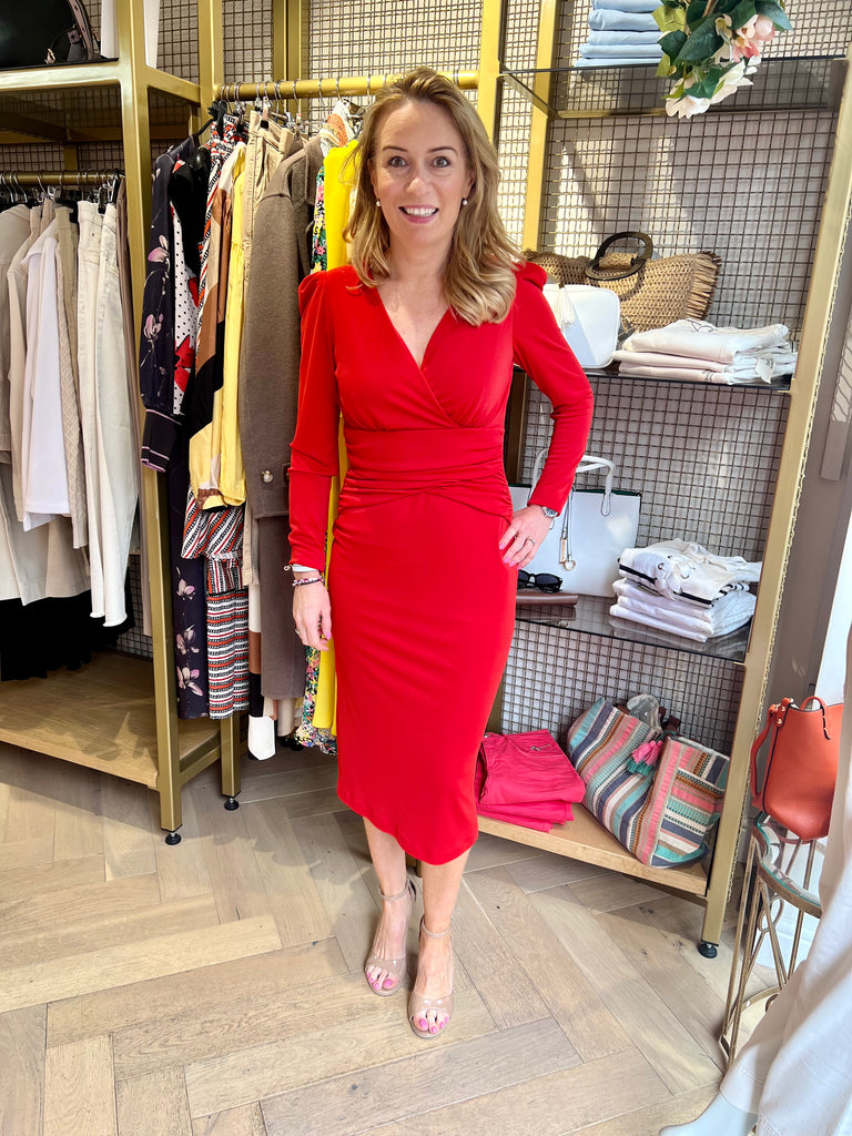 Carla Ruiz Red Gathered Long Sleeve Occasion Dress