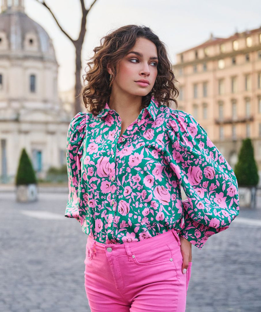Esqualo Green/Pink Floral Print Shirt With Balloon Sleeves