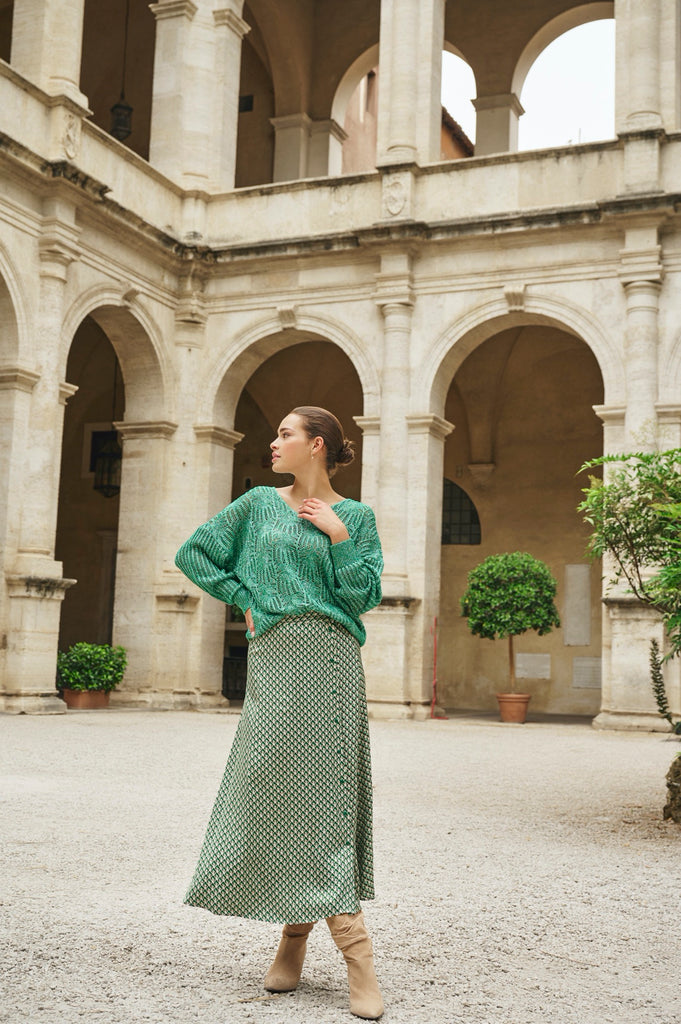 Esqualo Satin Green Leaf Print Buttoned Midi Skirt