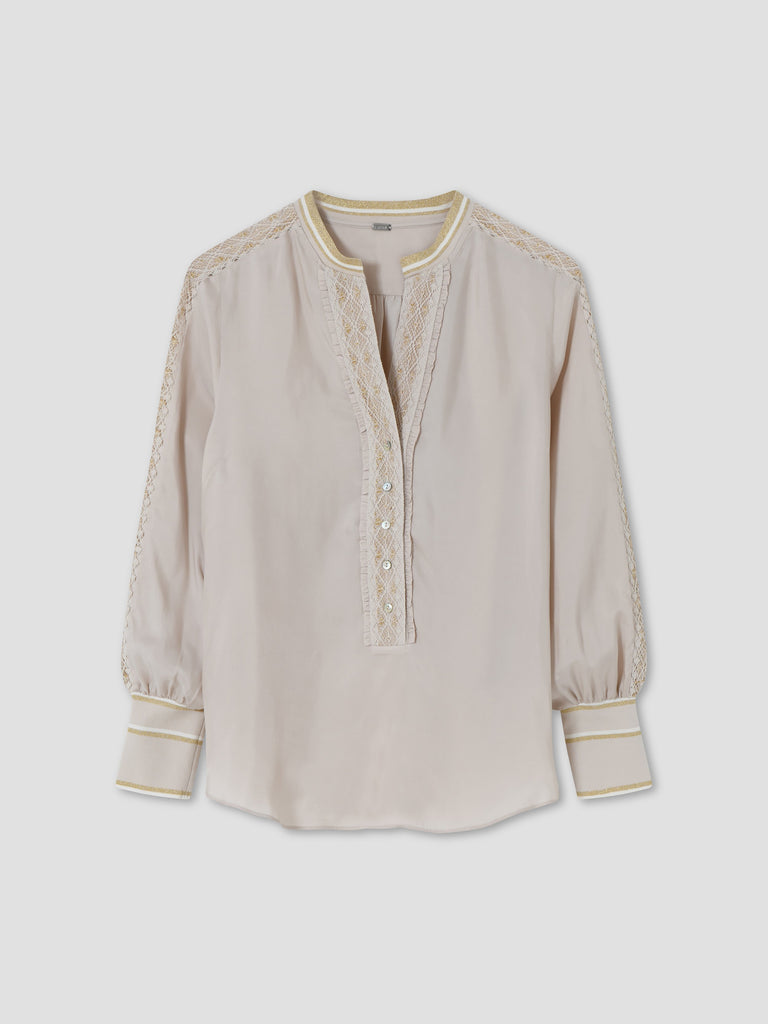 Gustav Long Sleeve Beige Top With Lace Trim