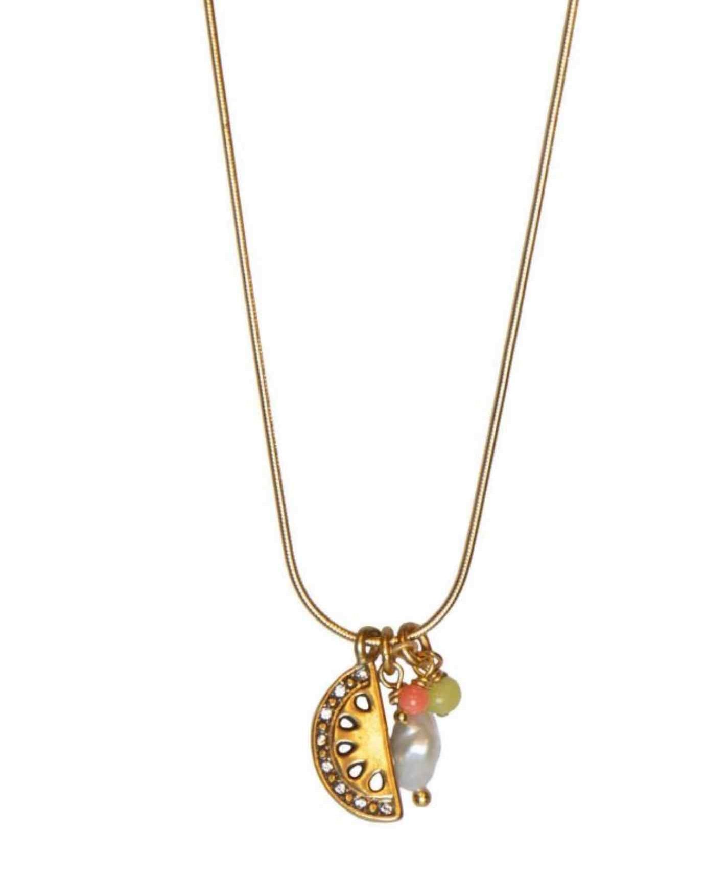 Hultquist Gold Watermelon Charm Necklace With White & Coral & Yellow Beads
