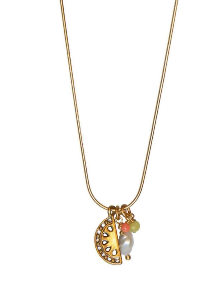 Hultquist Gold Watermelon Charm Necklace With White & Coral & Yellow Beads