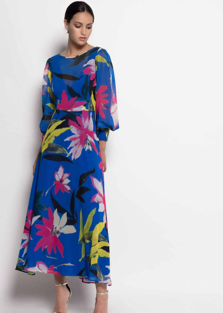 Matilde Cano Blue Flower Print Chiffon Midi Dress