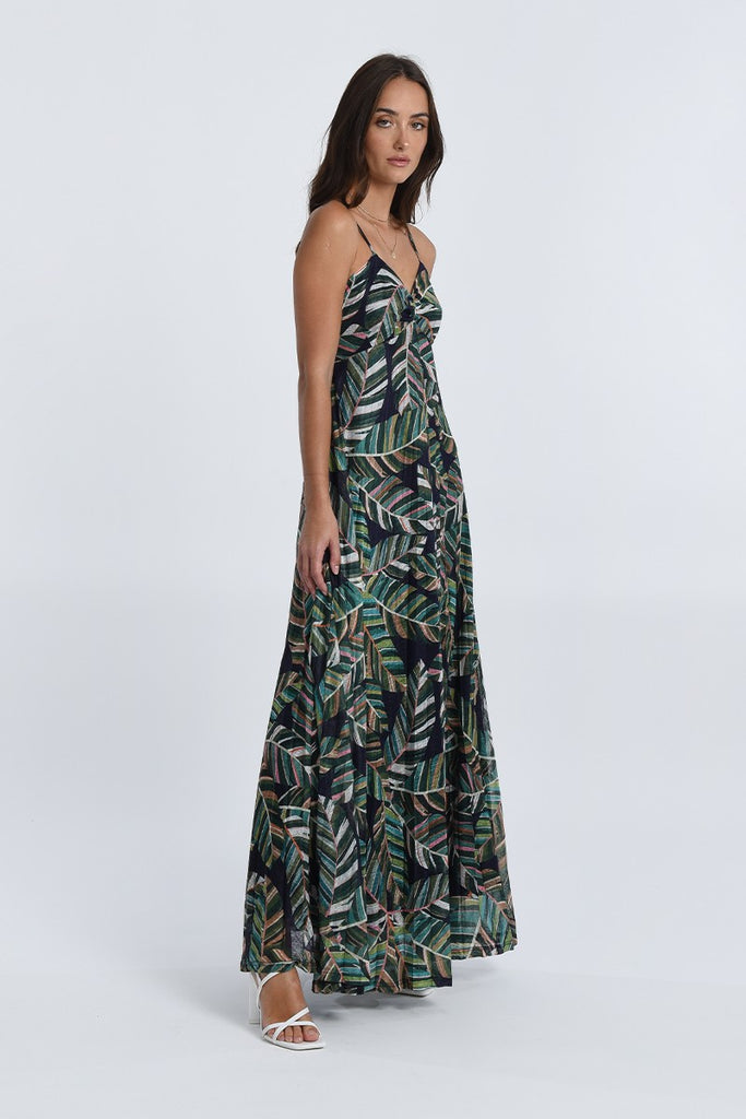 Molly Bracken Green Palm Print Pleated Summer Maxi Dress