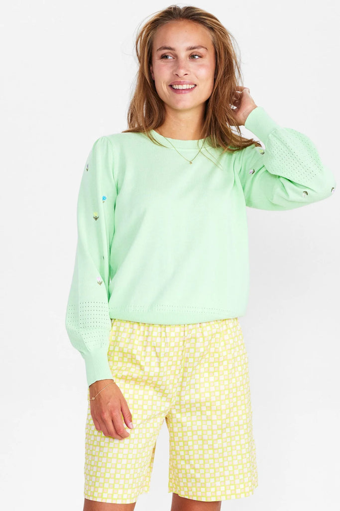 Numph Mint Green Embroidered Floral Balloon Sleeve Jumper