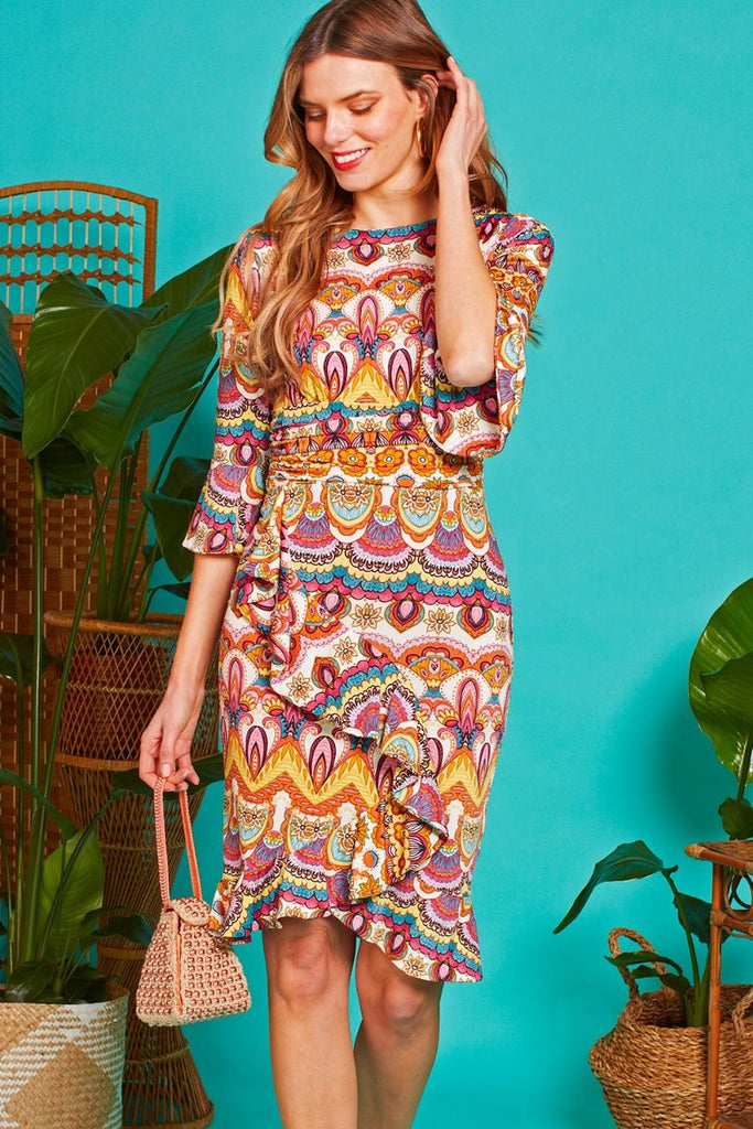 Onjenu Coco India Print Frill Knee Length Dress