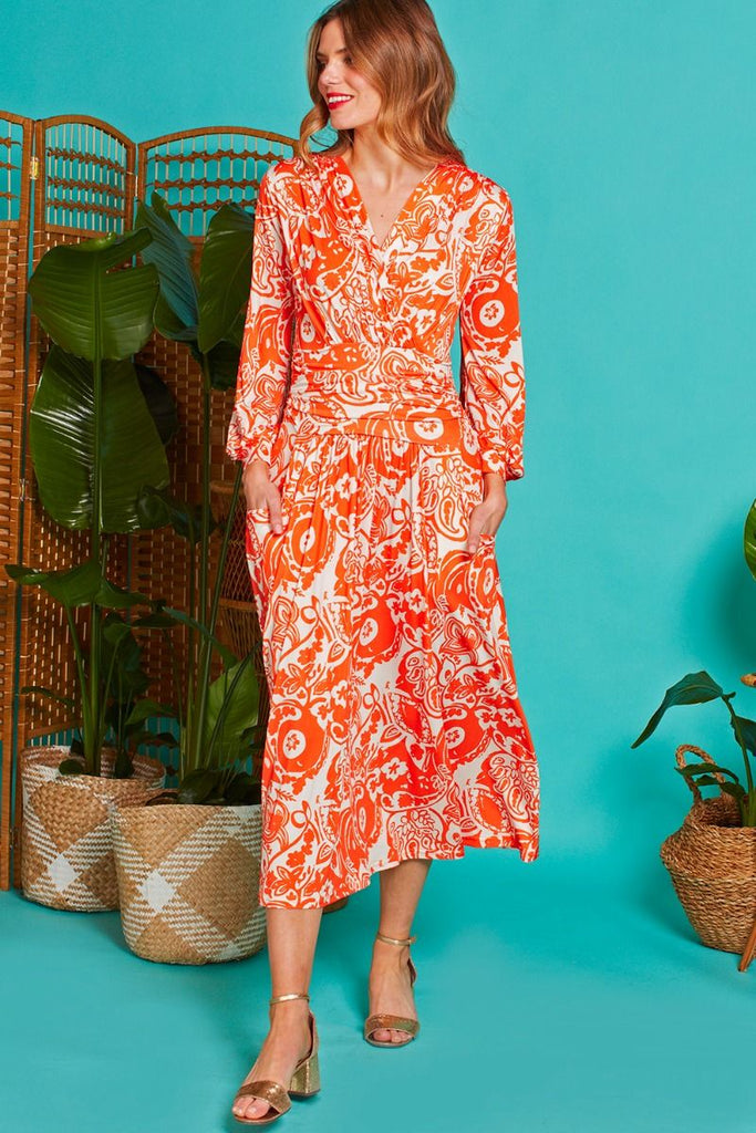 Onjenu Sharon Orange Print Balloon Sleeve Midi Dress With Pockets