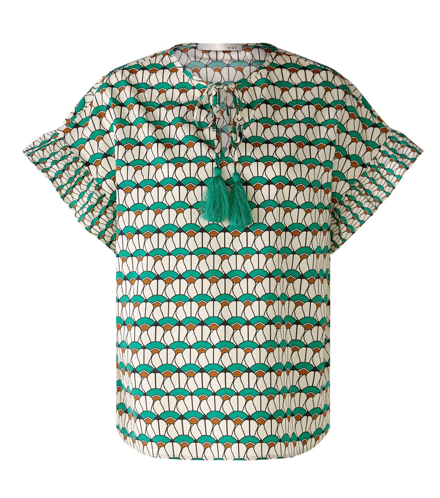 Oui Green Geometric Fan Print Short Sleeve Tassel Top